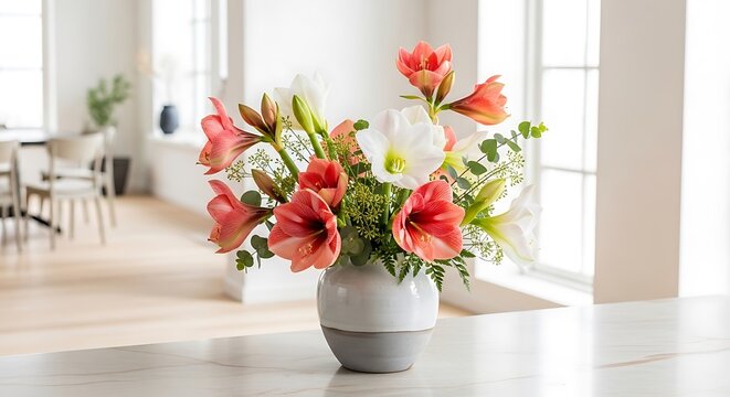 Beautiful amarylis flowers arranged in a stylish ceramic vase on a clean modern kitchen countertop with bright soft natural light in a blurred interior