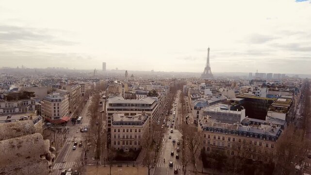 Aerial View of Paris Cityscape with Eiffel Tower and Haussmann Buildings