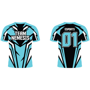 Cyan and black esports jersey mockup with team nemesis logo and number