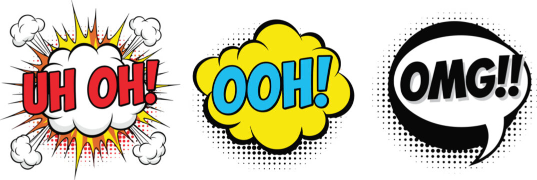 Comic Book Speech Bubble Elements Set with Uh Oh Ooh and OMG Exclamations for Pop Art Designs Posters and Vector Graphics