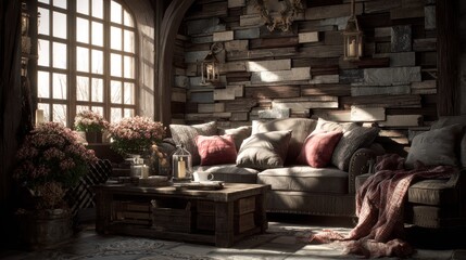 Naklejka premium Cozy living room interior features rustic wood paneled walls and natural light streaming through a large window