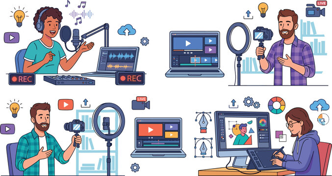 Digital Content Creator Vector Set Featuring Podcaster Recording, Video Blogger with Ring Light, and Graphic Designer Working on Tablet for Social Media Production