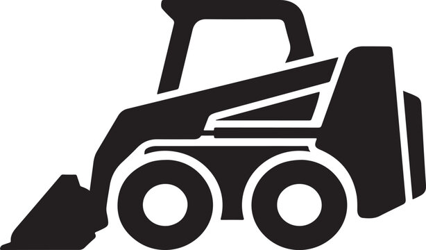 Black skid-steer loader icon, heavy equipment symbol, construction vehicle sign, industrial machinery logo