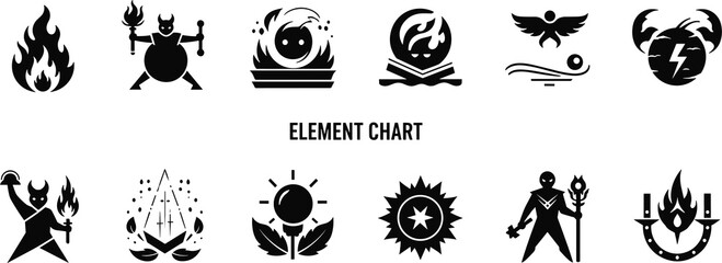 Obraz premium Black and blue element chart featuring twelve mystical icons minimalistic fantasy design representing fire lightning crystal sun starburst and magical forces