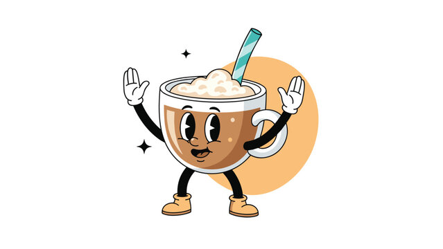 Whimsical retro cartoon character of a coffee cup filled with frothy beverage, featuring happy facial features, arms raised in excitement, and wearing boots, on a light background.