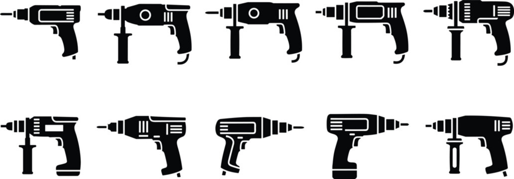 Black silhouette power drill icon collection featuring ten unique designs minimalistic tool illustration representing electric drills construction equipment and hardware