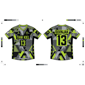Neon green and grey mosaic pattern team sports jersey design with template
