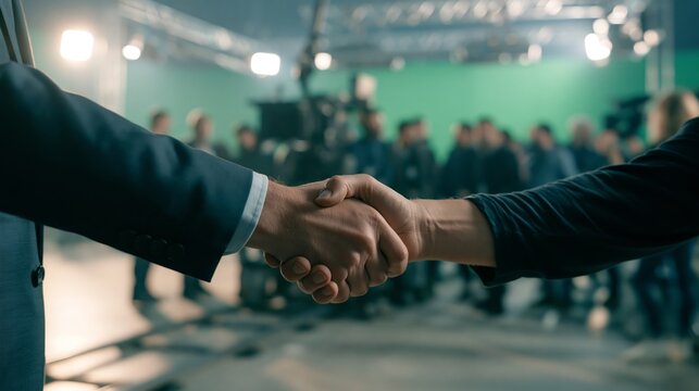 A film production deal handshake, with a film camera on dolly track and studio lighting rigs on set behind.