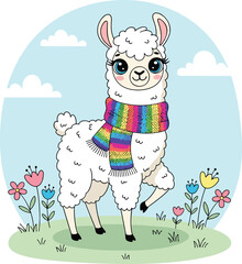 Naklejka premium Cute White Llama Vector Character Wearing Colorful Rainbow Scarf in Flower Field for Kids Nursery and Greeting Card Designs