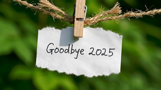 Goodbye 2025 message hanging on a clothesline outdoors.