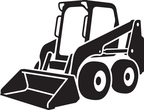 Black and white skid steer loader icon, construction vehicle silhouette, industrial equipment, heavy machinery