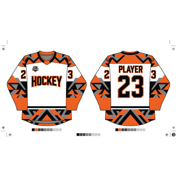 Custom hockey jersey design with orange white and black geometric pattern