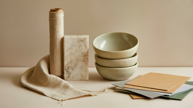 Still life of various natural and handmade objects in neutral tones