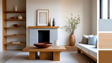 Fototapeta premium A modern living room featuring warm wooden furniture a fireplace mantel and natural decor elements creating a cozy minimalist space