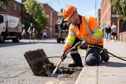 Male city worker in uniform using a modern hose tool to clean a street drain on a sunny day