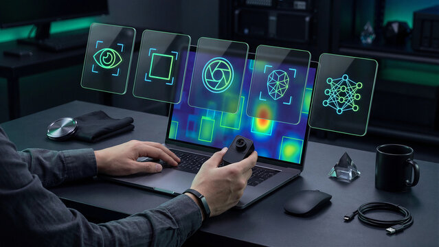 Computer vision specialist using laptop with green holographic AI camera icons, dark technology background for facial recognition, image scanning, neural network and security analytics