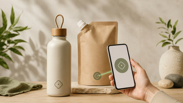 sustainable refill packaging with smartphone smart label scan concept
