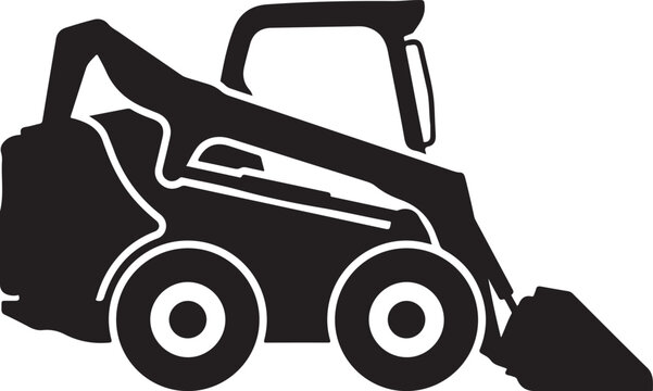 Black silhouette skid steer loader, heavy equipment icon, construction vehicle graphic, industrial machinery symbol