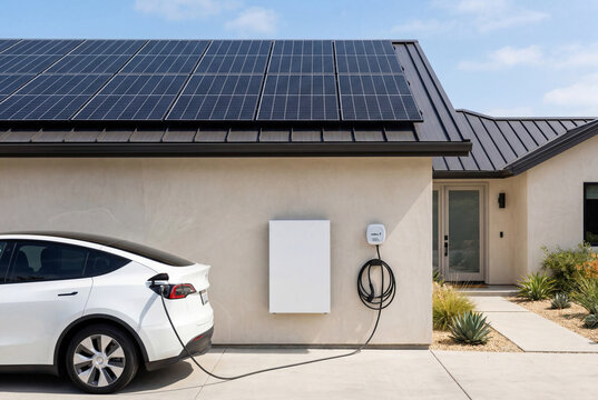 Modern home with rooftop solar panels and electric vehicle charger