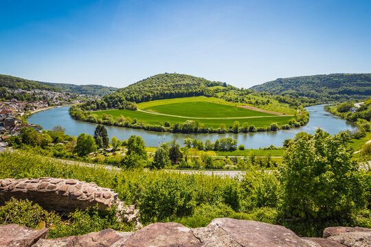 View at river Neckar in Germany, surrounded by beautiful landscape and castle ruins