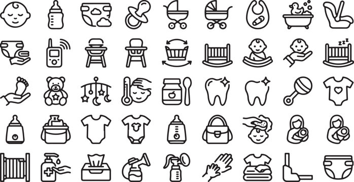 Baby Care And Parenting Outline Icon Set With Newborn Accessories And Childcare Elements