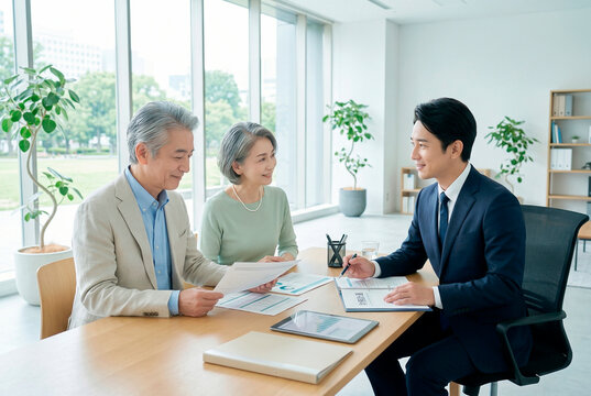 オフィスで営業マンと話すシニア夫婦