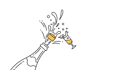 Fototapeta premium Dynamic line art illustration capturing the exciting moment of a champagne bottle popping its cork with celebratory splashes, and a glass clinking, symbolizing joy and toast.