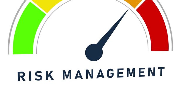A risk management gauge with a needle indicating a moderate level of concern, set against a color spectrum from green to red, signifying the importance of assessing and controlling