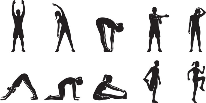 Clean Minimalist Fitness Stretching Silhouette Icon Pack.