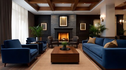 Fototapeta premium A sophisticated living room interior featuring deep navy blue seating warm wooden architectural accents and a luxurious fireplace centerpiece