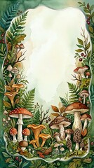 Fototapeta premium Watercolor forest frame with mushrooms, ferns, and berries surrounding a blank center space for text or design use.
