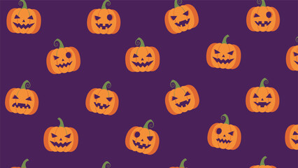 Obraz premium Spooky and fun seamless pattern featuring numerous orange jack-o'-lanterns, each carved with a grinning, eerie face, scattered across a vibrant purple background.