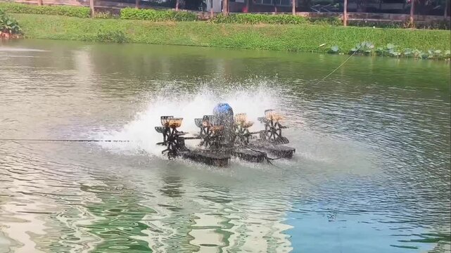 Paddle wheel aerator commonly used in aquaculture to increase dissolved oxygen levels.