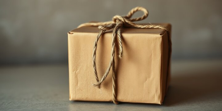 A simply wrapped gift box tied with twine sits on a neutral surface