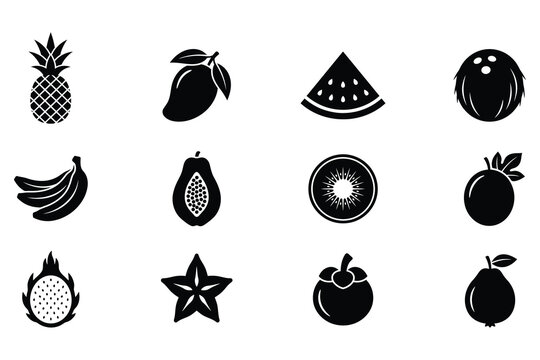 Tropical fruits collection displays a variety of exotic produce including pineapple, mango, watermelon, and coconut in a minimalist style.