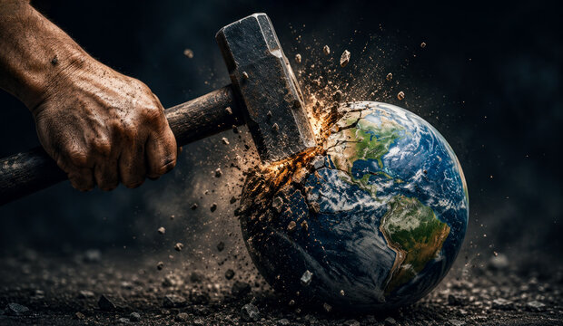 Close-up of male hand forcefully striking the earth globe with a heavy steel hammer, Human impact in environmental destruction, Climate crisis