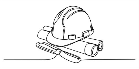 Fototapeta premium Continuous single line drawing of a construction safety hard hat helmet with engineering blueprints and a pencil for building and architecture design Vector, illustration