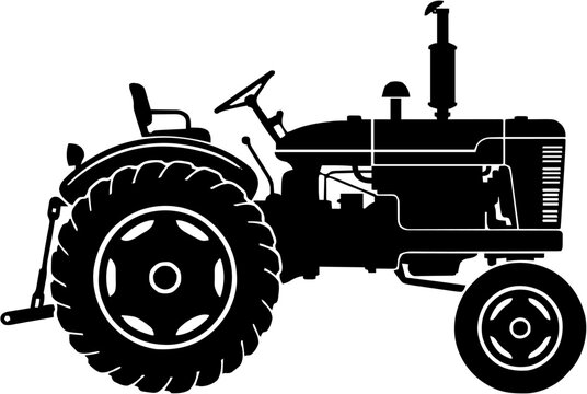 Vintage farm tractor silhouette cut out against white backdrop