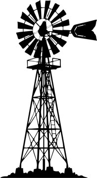 Vintage farm windmill silhouette cutout against white background