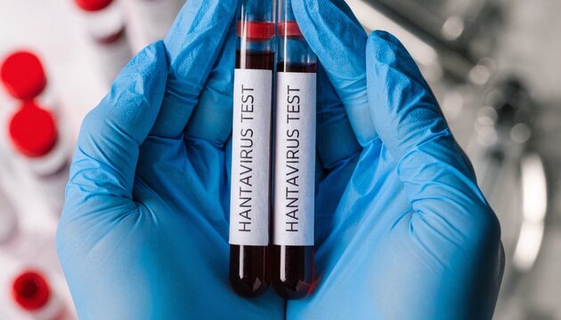 Close-up top-down shot of gloved hands holding a rapid antigen test device