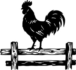 Rooster silhouette perched on wooden farm fence over white backdrop © dean