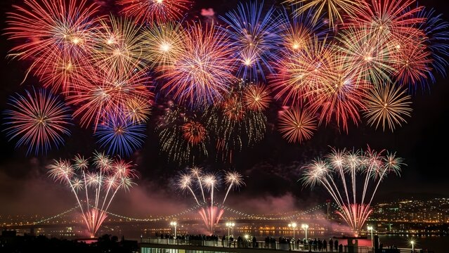 Spectacular fireworks explode over a city at night, illuminating the skyline and bridge with vibrant colors, marking a grand celebration