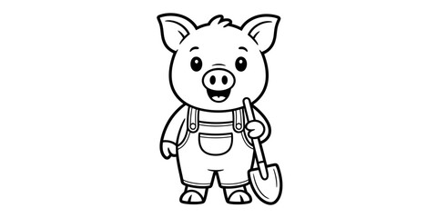 Fototapeta premium Cute cartoon pig farmer wearing overalls and holding a gardening shovel for a fun coloring page illustration Vector, illustration
