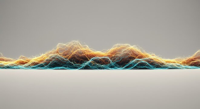 Abstract digital energy flow forming an overwhelming, dynamic wave across an immense, desolate, blank background ,immersive ,intense ,wave