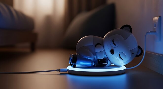Cute Futuristic Robot Sleeping and Charging on Bed at Night