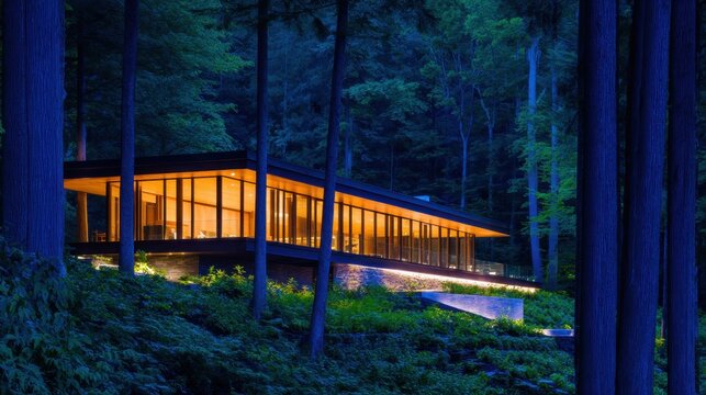 A sleek modern house illuminated against a backdrop of tall, dark trees at twilight