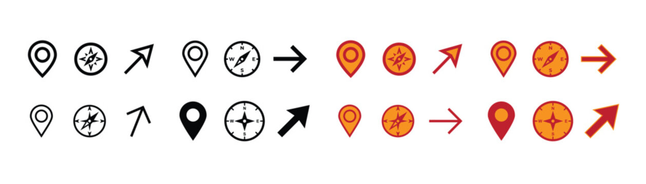 Navigation and location icons set with compass pins and directional arrows for mapping interface design.