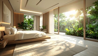 Fototapeta premium Modern tropical bedroom with natural stone wall, open terrace overlooking lush greenery and ocean cliffs, warm sunlight and minimalist luxury design blending architecture and tranquility