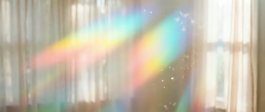 Dreamy rainbow light prisms casting colorful spectrum reflections through window with soft bokeh effects and magical sparkles for creative design projects.