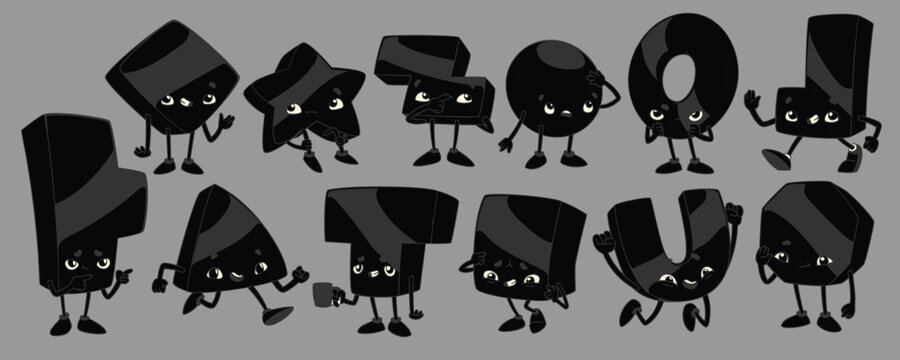 Geometric figures characters various emotions, set of figures, black